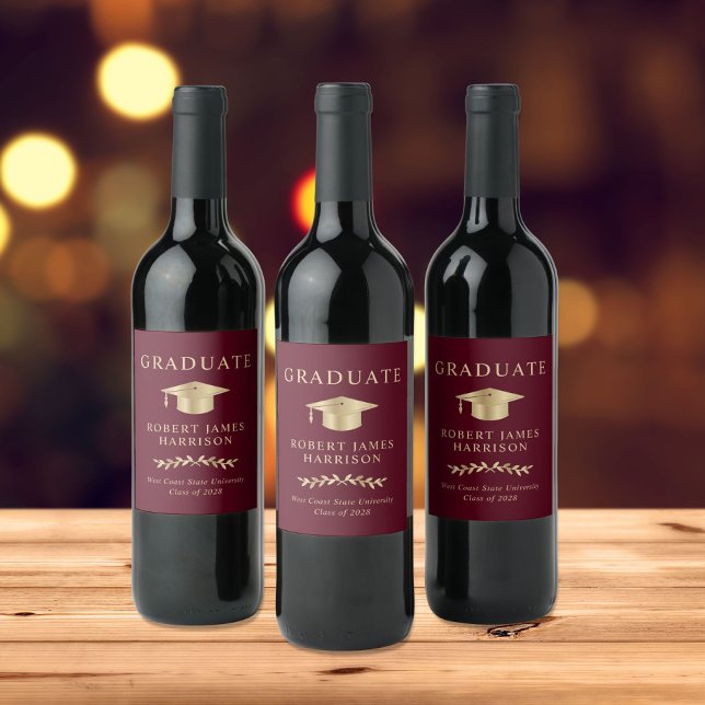 Elegant Grad Cap Burgundy Gold Graduation Party Wine Label (Creator Uploaded)