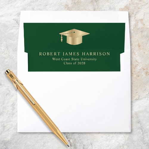 Elegant Grad Cap Green Gold Graduation Envelope Liner