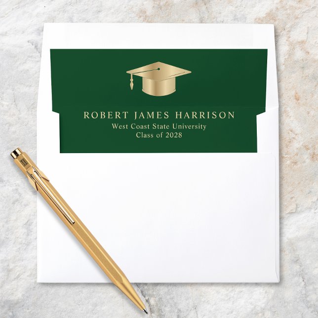 Elegant Grad Cap Green Gold Graduation Envelope Liner (Creator Uploaded)