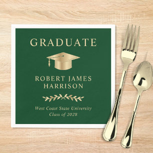 Elegant Grad Cap Green Gold Graduation Party Napkins