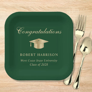 Elegant Grad Cap Green Gold Graduation Party Paper Plates