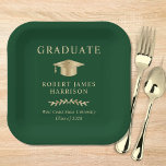 Elegant Grad Cap Green Gold Graduation Party Paper Plates<br><div class="desc">Elegant green graduation party paper plates featuring a gold grad cap,  "Graduate" and the graduate's name,  school and class year in classic serif typography.</div>