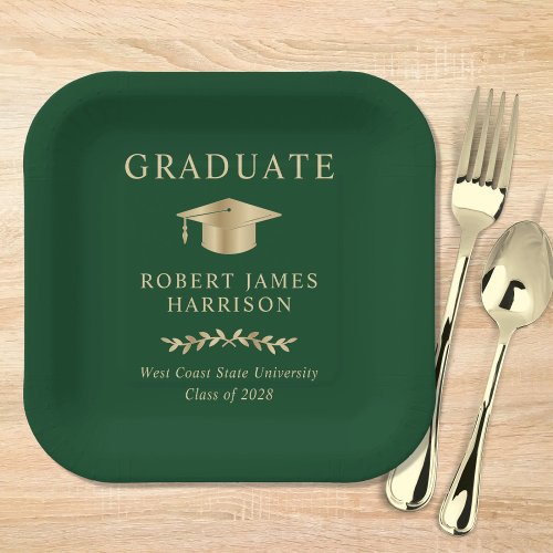 Elegant Grad Cap Green Gold Graduation Party Paper Plates