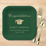 Elegant Grad Cap Green Gold Graduation Party Paper Plates<br><div class="desc">Elegant green graduation party paper plates featuring a gold grad cap,  "Congratulations" in a classic script and the graduate's name,  school and class year in modern typography.</div>