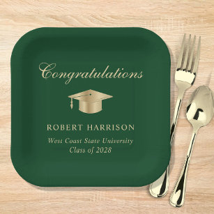 Elegant Grad Cap Green Gold Graduation Party Paper Plates