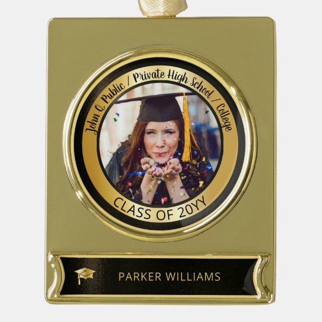 Elegant Grad Cap School Graduate Graduation Photo Gold Plated Banner Ornament (Front)