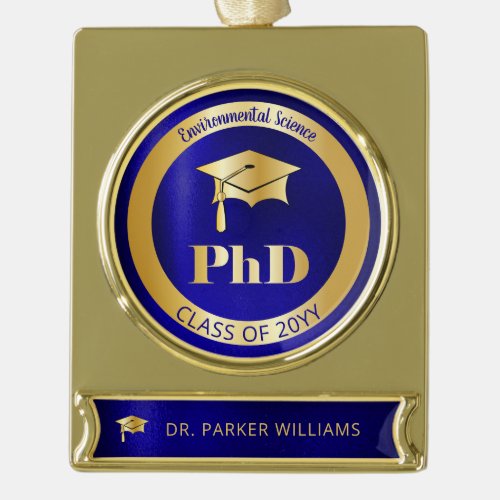 Elegant Grad Cap School PhD Graduate Graduation Gold Plated Banner Ornament