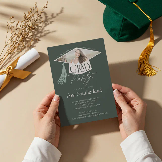 Elegant Grad Cap & Tassel Photo Graduation Party Invitation | Zazzle