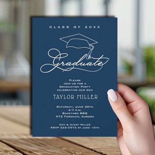 Elegant Grad Hat Navy Blue Graduation Invitation