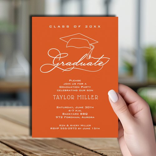 Elegant Grad Hat Orange Graduation Invitation