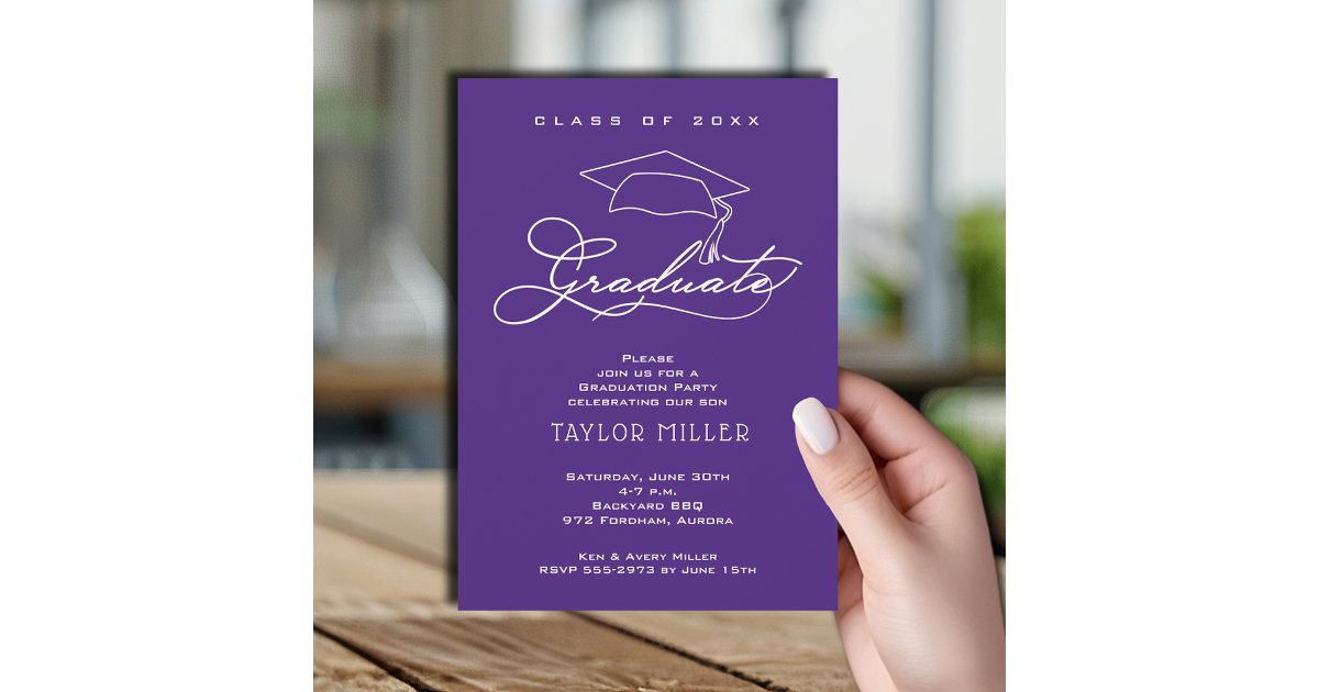 Graduation Puple Menu Card Elegant Grad Hat Purple Graduation Invitation | Zazzle