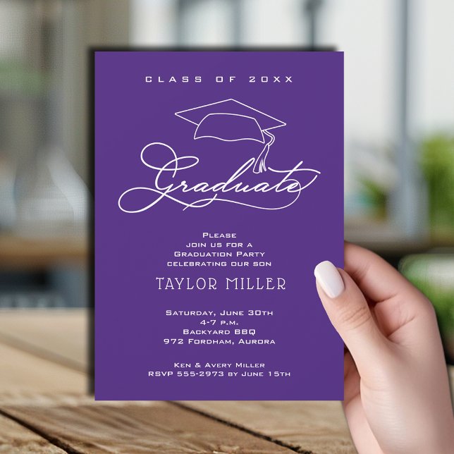 Elegant Grad Hat Purple Graduation Invitation (Elegant white script and grad hat purple graduation party invitations)