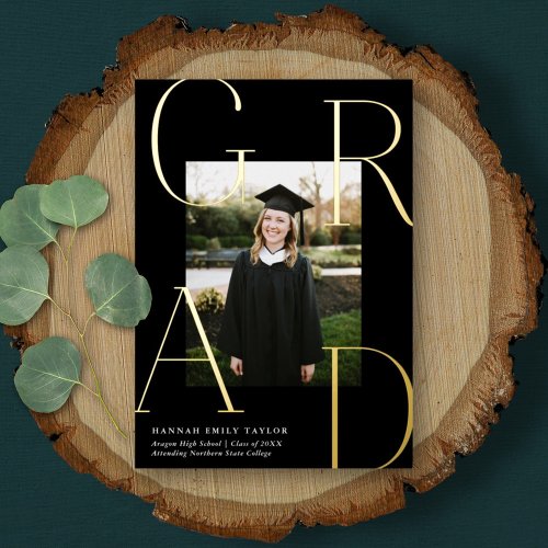 Elegant GRAD Photo Graduation Black  Gold  Foil Invitation