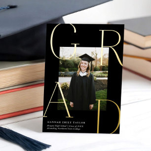 Elegant GRAD Photo Graduation Black + Gold  Foil Invitation