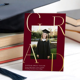 Elegant GRAD Photo Graduation Burgundy + Gold  Foil Invitation