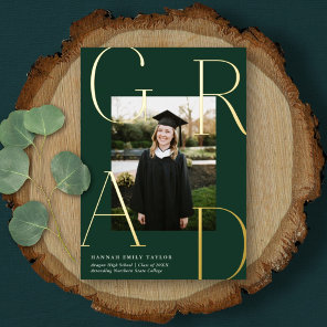 Elegant GRAD Photo Graduation Green   Gold  Foil Invitation