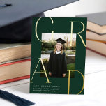 Elegant GRAD Photo Graduation Green   Gold  Foil Invitation<br><div class="desc">This stunning photo graduation announcement features an elegant typography frame in raised gold foil that says "GRAD" on over a dark green background with a single, vertical photo. The look is very elegant yet modern. The background and text colors are customizable. The raised foil really shines and is available in...</div>