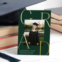 Elegant GRAD Photo Graduation Green   Gold  Foil Invitation