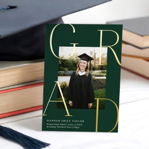 Elegant GRAD Photo Graduation Green + Gold  Foil Invitation