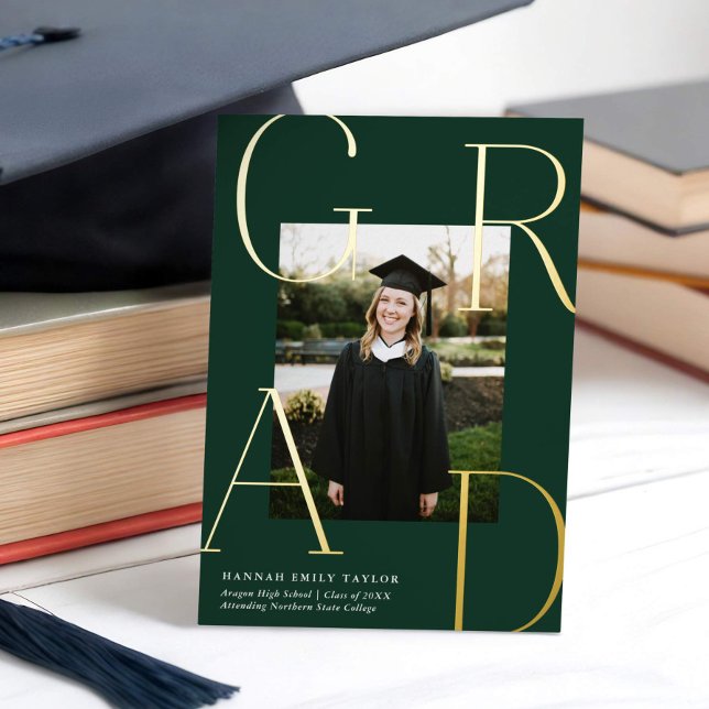 Elegant GRAD Photo Graduation Green + Gold  Foil Invitation (Creator Uploaded)