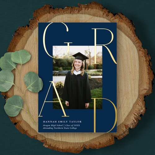Elegant GRAD Photo Graduation Navy Blue  Gold  Foil Invitation