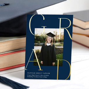 Elegant GRAD Photo Graduation Navy Blue + Gold  Foil Invitation