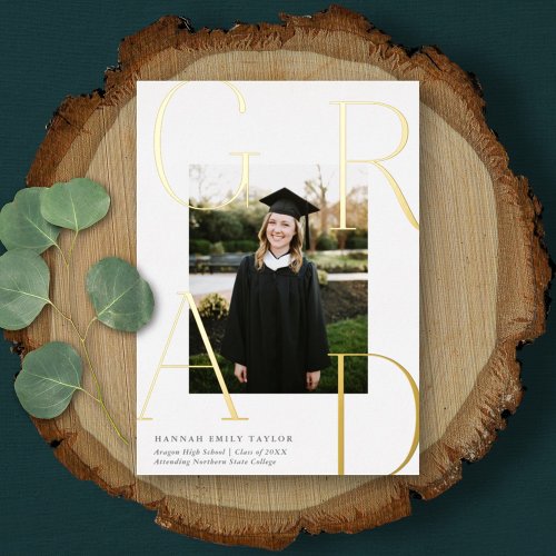 Elegant GRAD Photo Graduation White  Gold  Foil Invitation