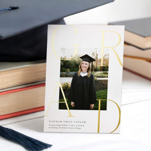 Elegant GRAD Photo Graduation White + Gold Foil Invitation