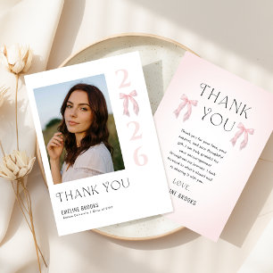 Elegant Grad Photo Pink Bow Graduation Thank You Card