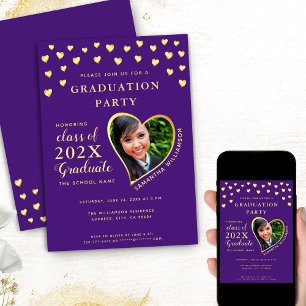 Elegant Grad Photo Purple and Gold Graduation Invitation