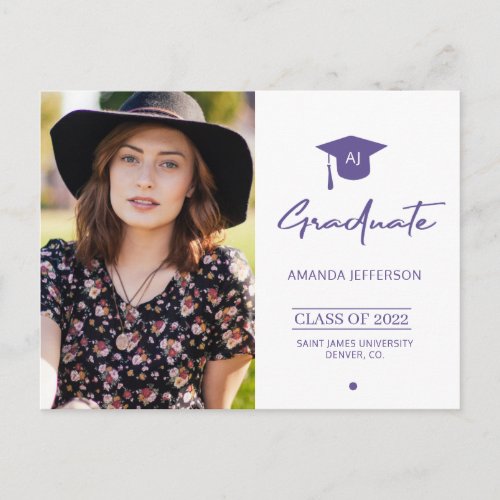 Elegant grad purple photo graduation invitation po postcard