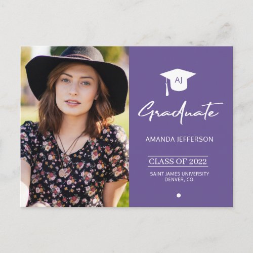 Elegant grad purple photo graduation invitation po postcard