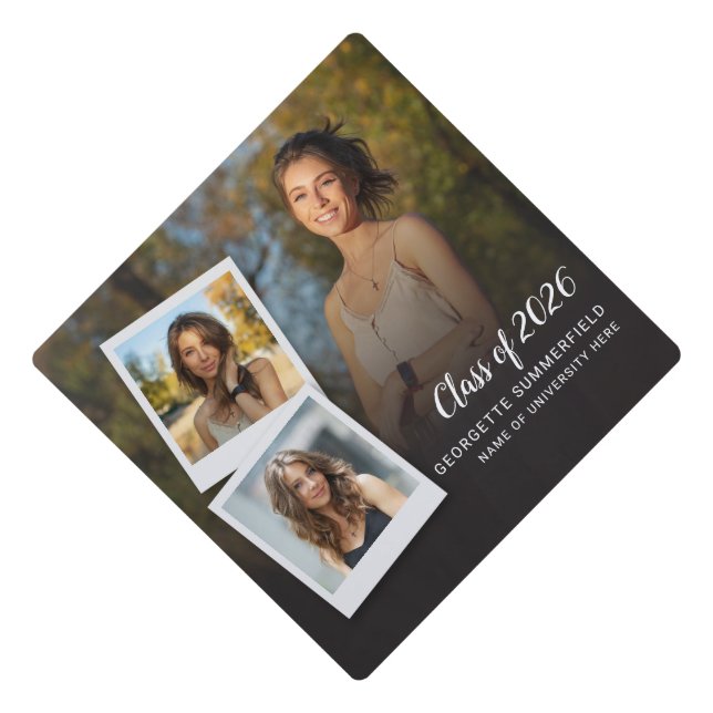Elegant Grad Script 3 Photos Graduation 2026 Cap Topper (Front)