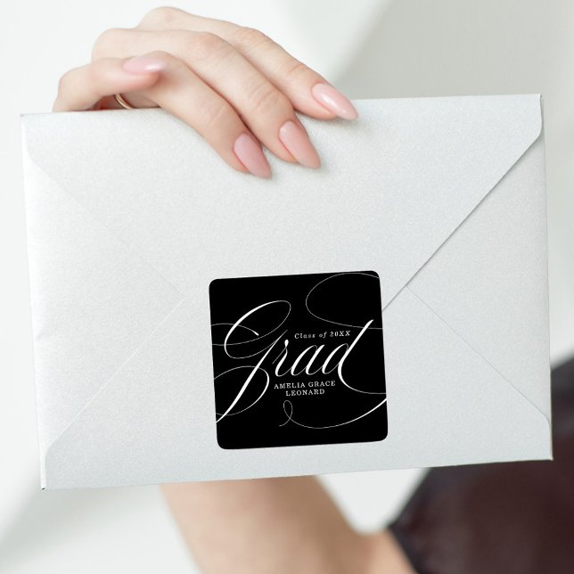 Elegant Grad Script Black Graduation Square Sticker (Creator Uploaded)