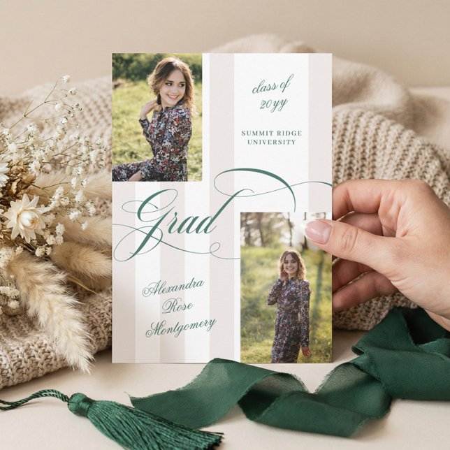 Elegant Grad Script French Stripe Photo Graduation Announcement (Elegant Grad Script French Stripe Photo Graduation Announcement)