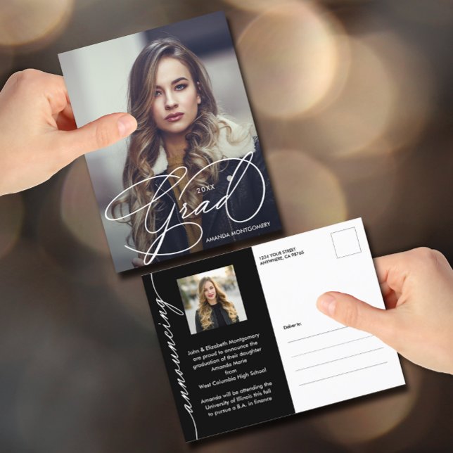 Elegant Grad Script Photo Graduation Announcement Postcard (Creator Uploaded)
