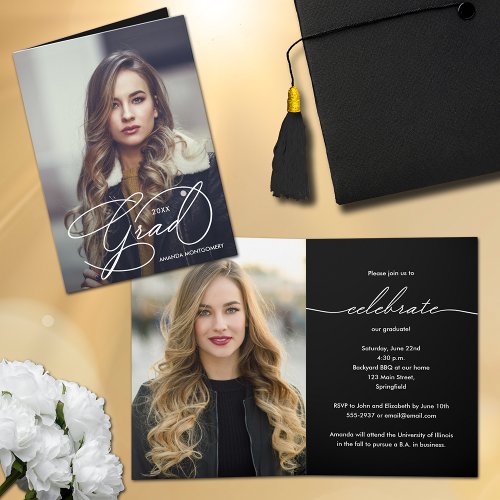 Elegant Grad Script Photo Graduation Folded Invitation