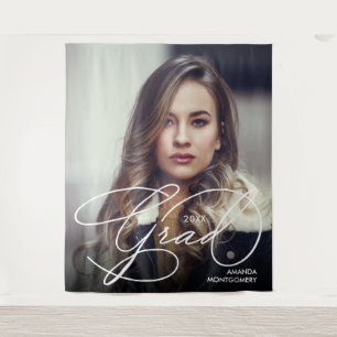 Elegant Grad Script Photo Graduation Party Tapestry
