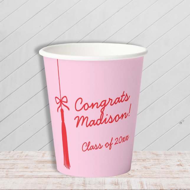Elegant Grad Tassel Bow Pink Red 2025 Graduation Paper Cups (Elegant Grad Tassel Bow Pink Red 2025 Graduation Paper Cups)