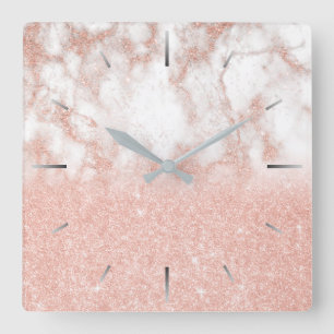 Elegant gradient copper rose gold glitter marble square wall clock