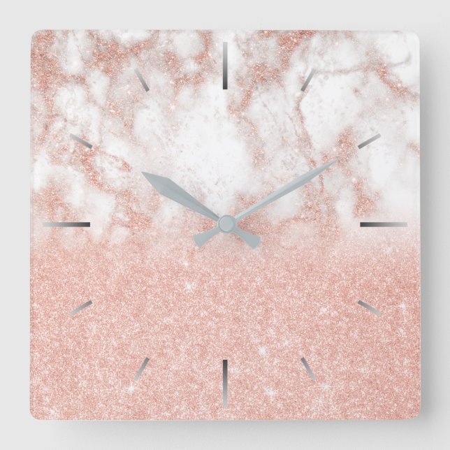 Elegant gradient copper rose gold glitter marble square wall clock (Front)