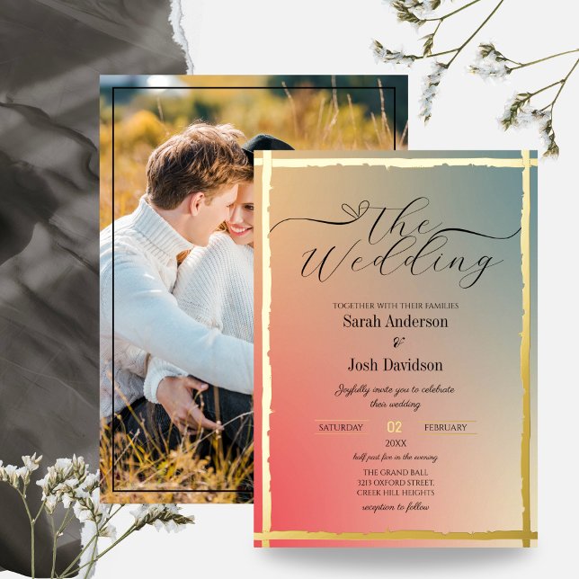 Elegant Gradient Ombre Golden Borders Photo Foil Invitation (Creator Uploaded)