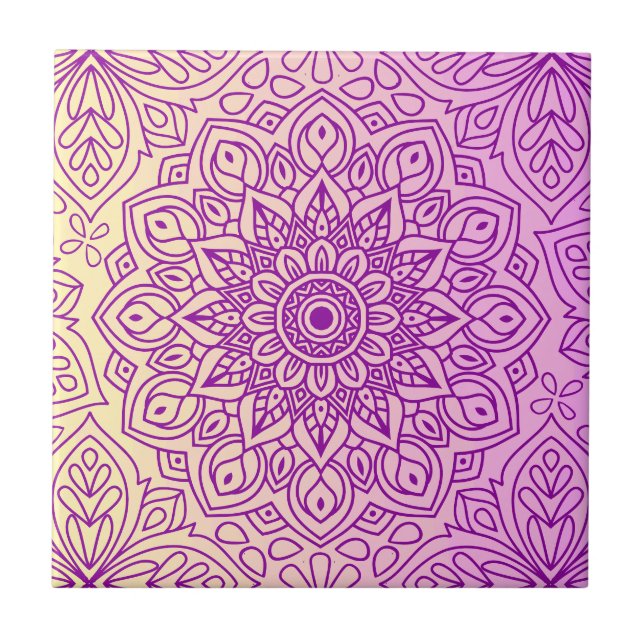 Elegant Gradient Purple Peach Mandala Pattern Ceramic Tile (Front)