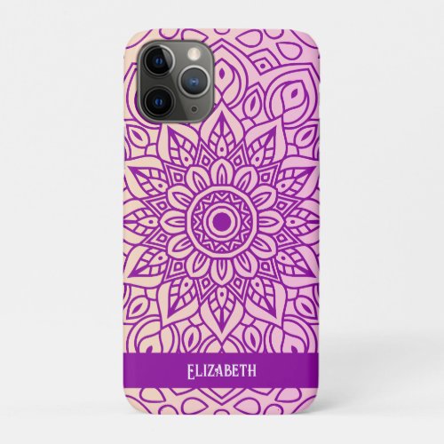 Elegant Gradient Purple Peach Mandala Pattern Name iPhone 11 Pro Case