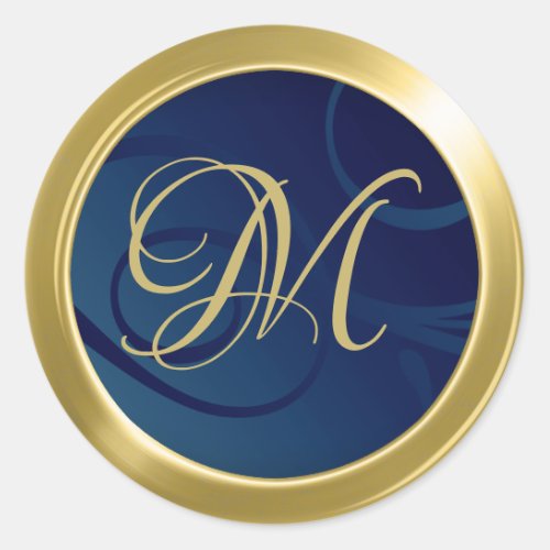 Elegant Gradient Swirls Monogram Navy Blue Gold Classic Round Sticker