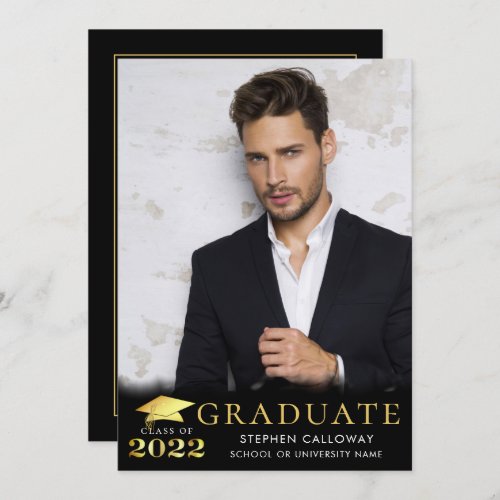 Elegant Graduate 2022 Black Gold Metallic 2 Photo Announcement
