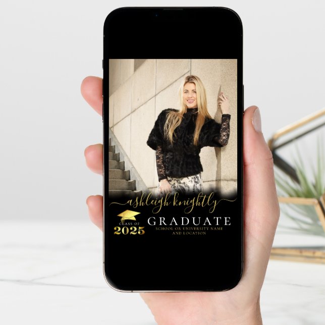 Elegant Graduate 2025 Black Gold Script 2 Photos Announcement (Front Digital)