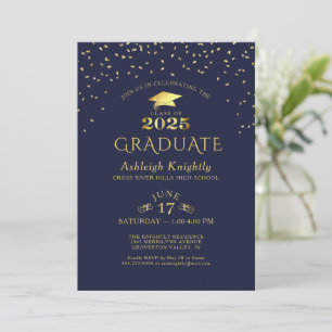 Elegant Graduate 2025 Navy Gold Confetti Invitation