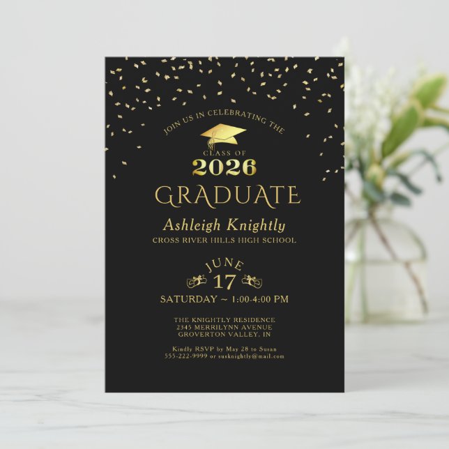 Elegant Graduate 2026 Black Gold Confetti Invitation (Standing Front)