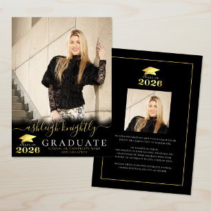 Elegant Graduate 2026 Black Gold Script 2 Photos Announcement